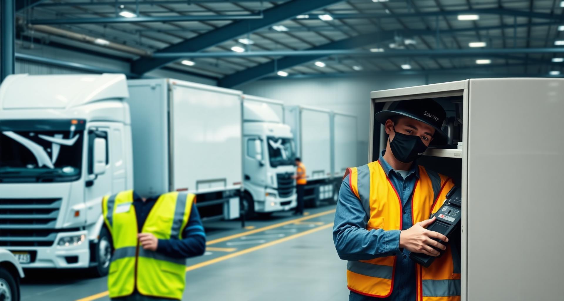 Northline Logistics の物流センターとトラック、点検中のドライバー